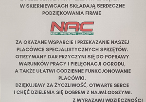 Podziękowanie dla Firmy NAC