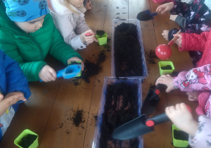 dzieci napełniają doniczki ziemią